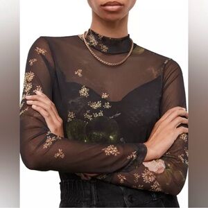 All Saints Black Floral Sheer Blouse
